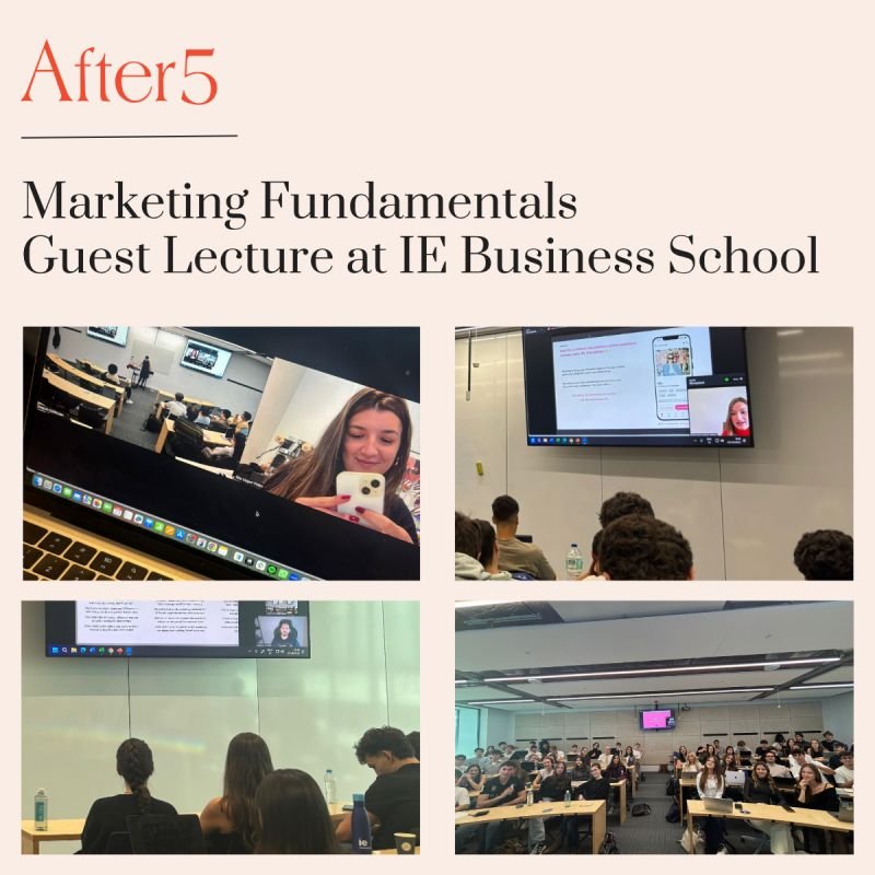 A collage titled Marketing Fundamentals Guest Lecture at IE Business School, with students in a lecture hall watching the After5 team on a video call.