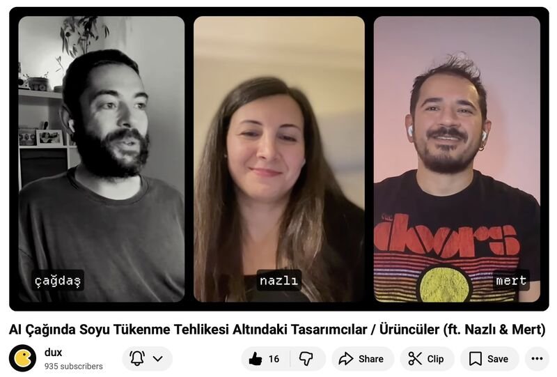 The dux episode on YouTube, with Çağdaş, Nazlı and Mert on camera side by side