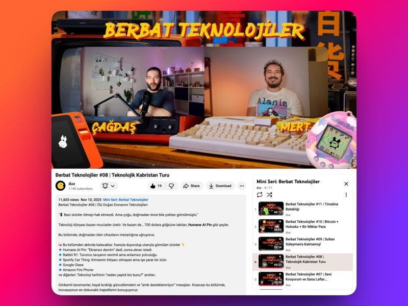 A YouTube page for Berbat Teknolojiler episode 8, with Çağdaş and Mert on split screen above a retro keyboard, a Tamagotchi and a Rabbit R1.