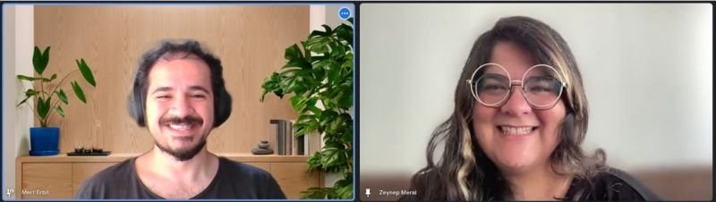 Video call with Mert and Zeynep Kevser Meral, both smiling