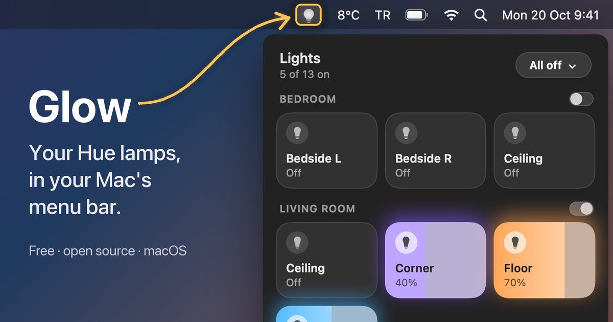 Glow open from the Mac menu bar, with lamps grouped by room and an arrow pointing at its bulb icon