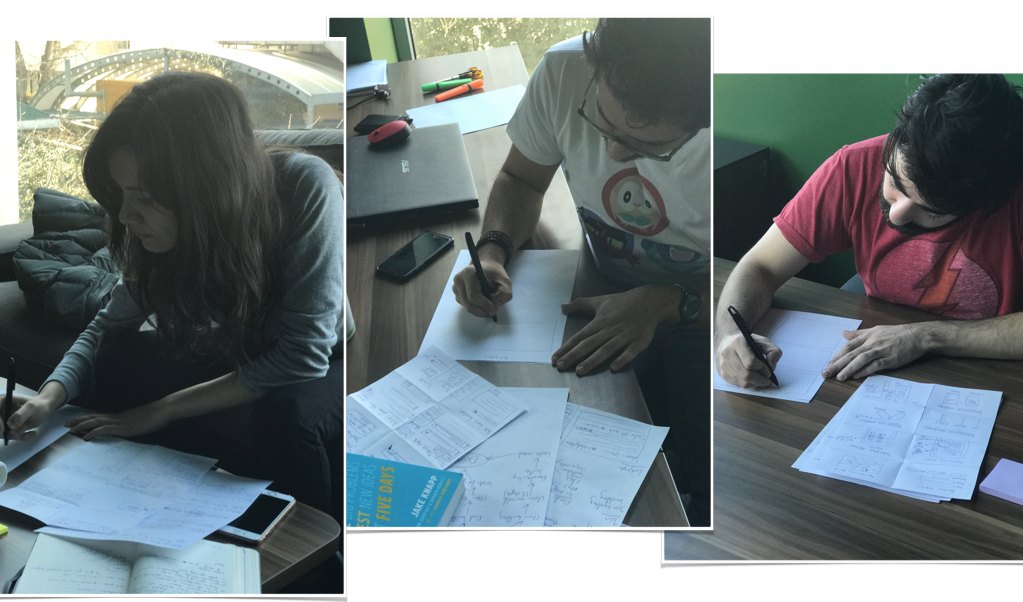 Three photos of the sprint team, Ayça, Mert and Samican, each sketching solutions on paper, with the Sprint book on the table