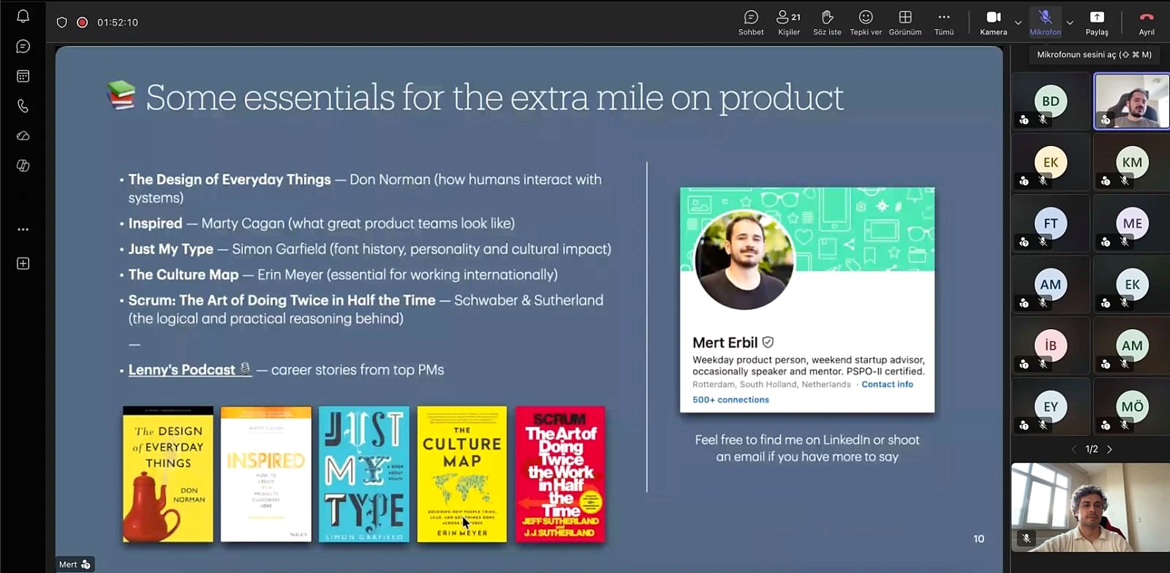 Video call screenshot of his closing slide, Some essentials for the extra mile on product, with five book covers next to his LinkedIn card, and the participants in tiles on the right