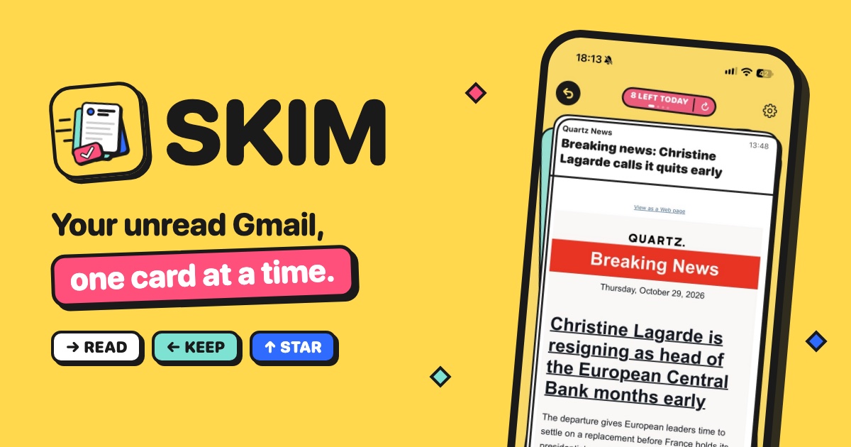 The SKIM logo and the tagline your unread Gmail, one card at a time, on yellow, with read, keep and star stickers and an iPhone in the Arcade skin showing an 8 left today counter and a Quartz email as a card