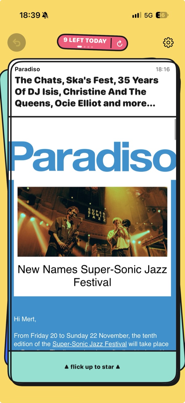 A Paradiso newsletter about the Super-Sonic Jazz Festival as a card in SKIM's yellow Arcade skin, with 9 left today on top and flick up to star at the bottom