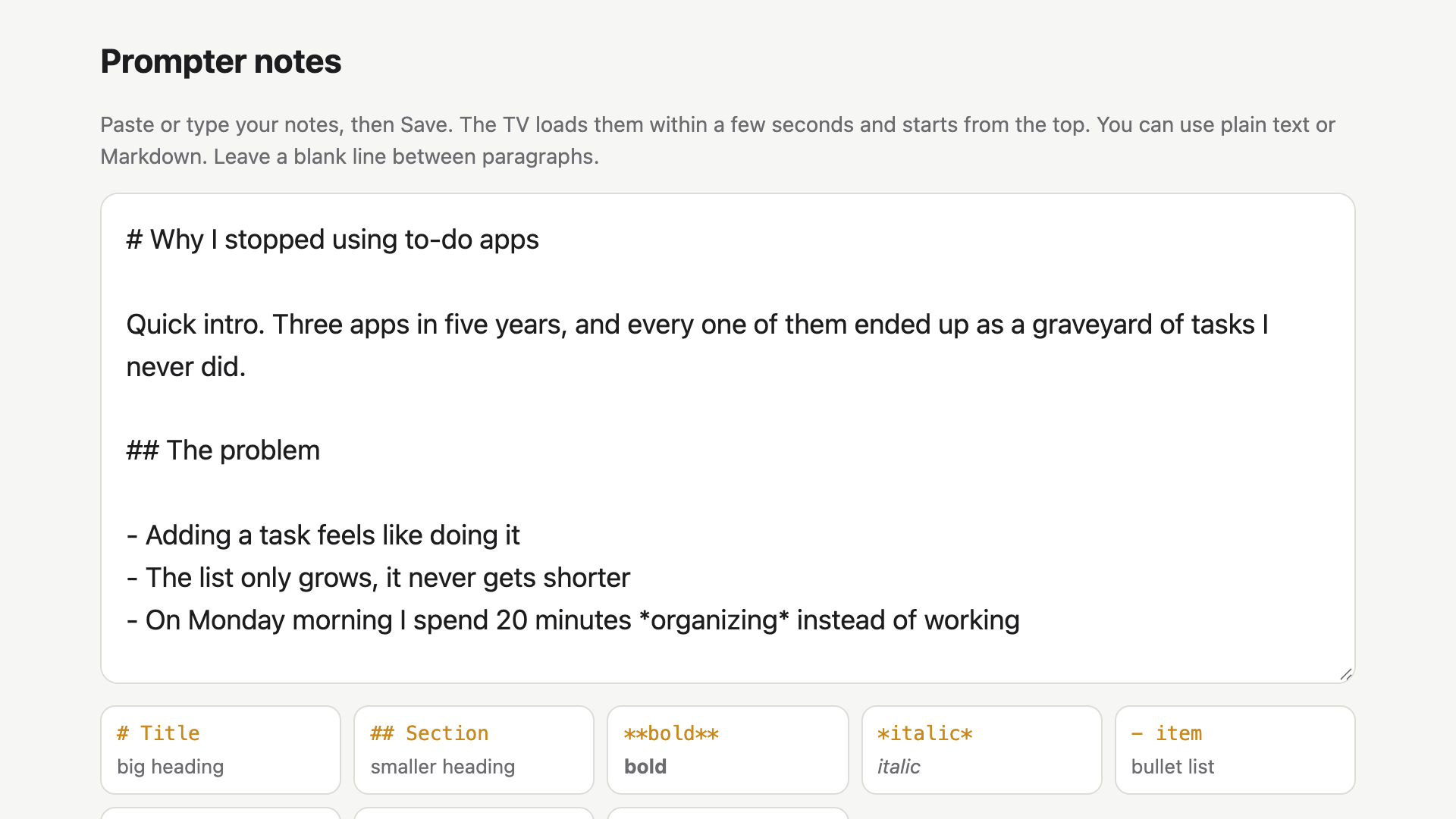 The notes editor in a browser, with the notes and a Markdown cheat sheet