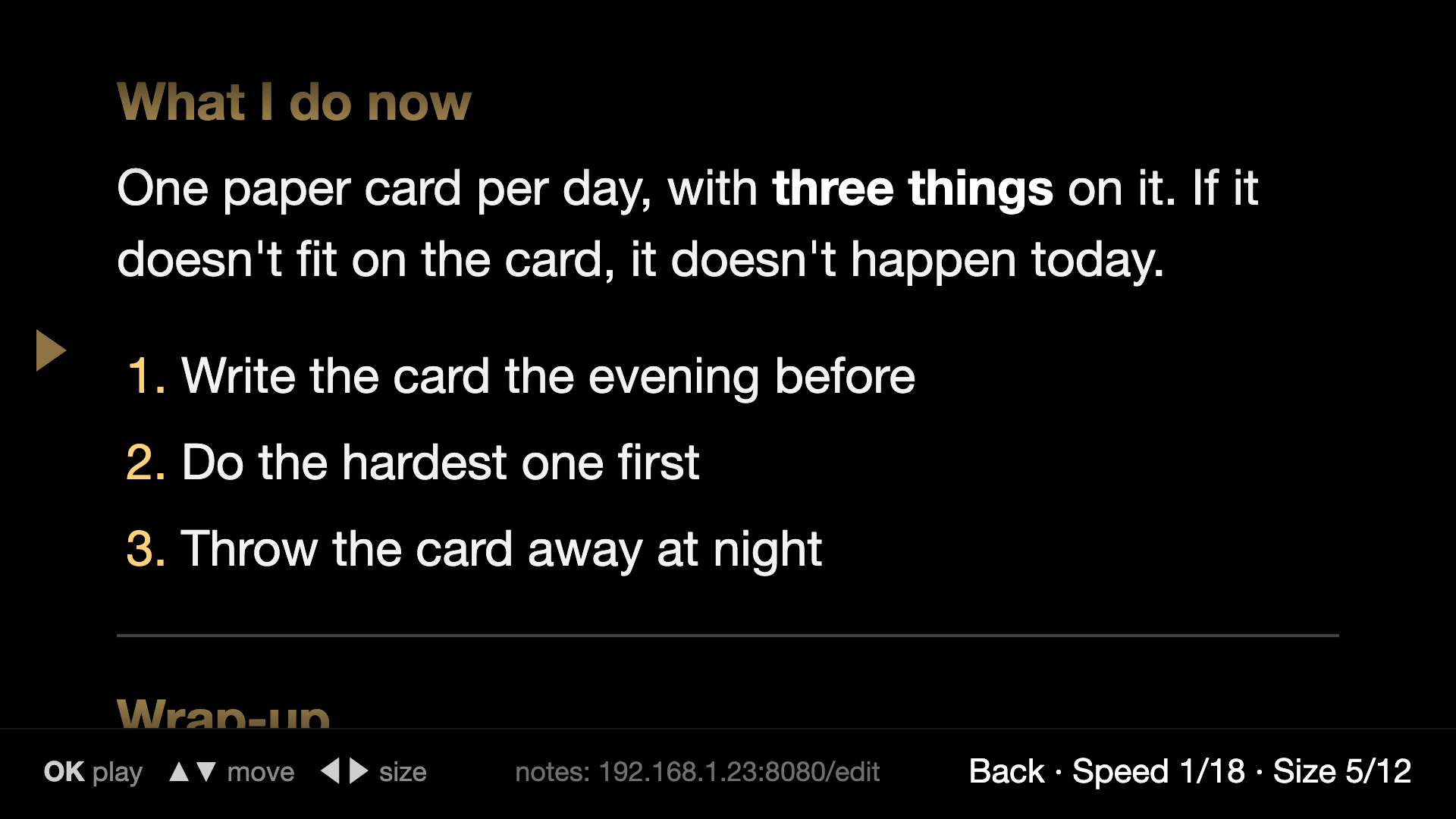 Moving back in the notes with the arrow keys